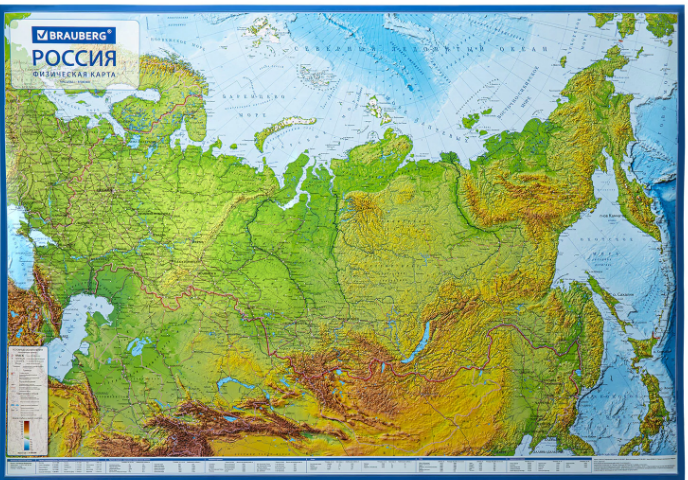Карта России физическая 101х70 см, с ламинацией, интерактивная, европодвес, BRAUBERG, 112392