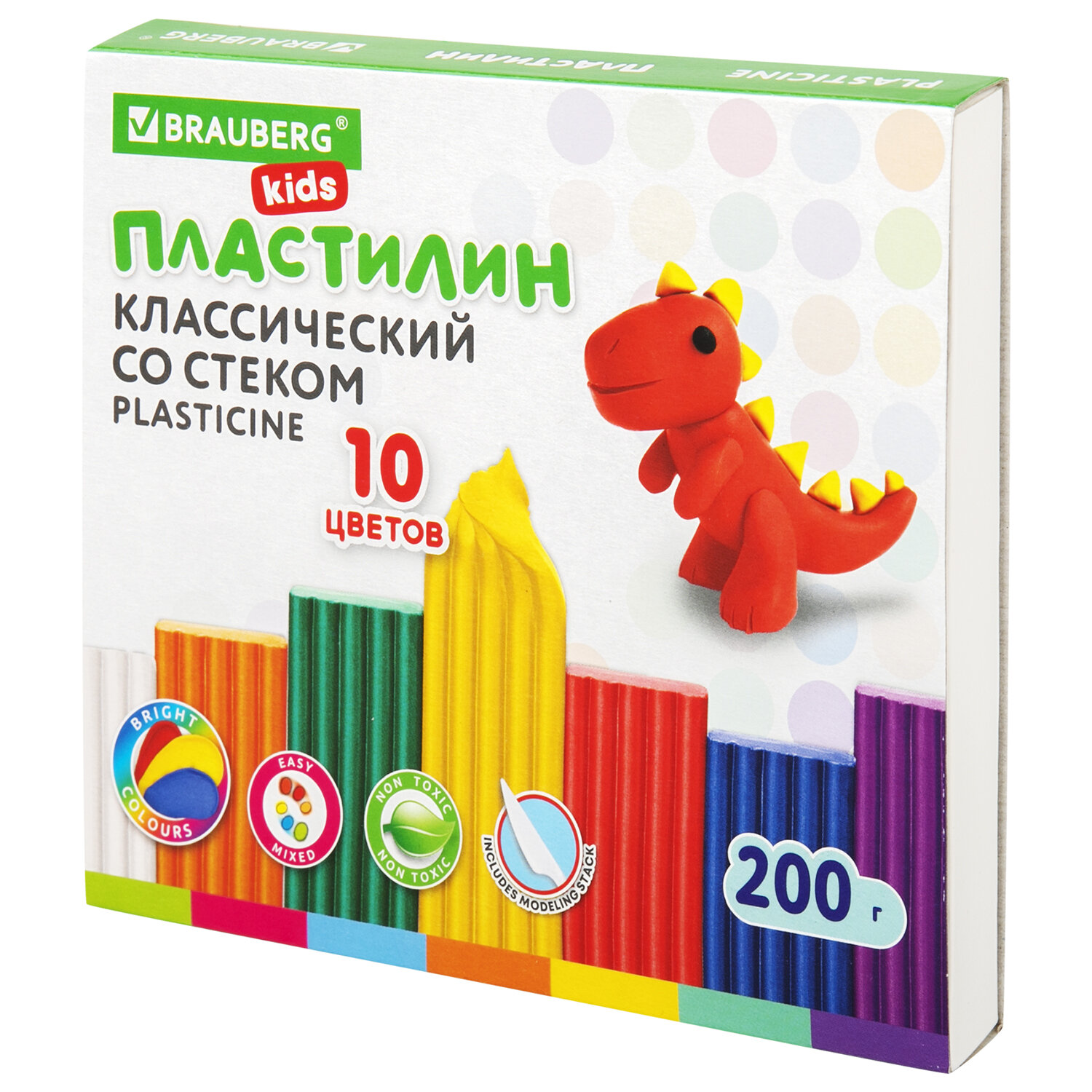 Пластилин 10 цв. BRAUBERG KIDS, 200 г, со стеком, 106504