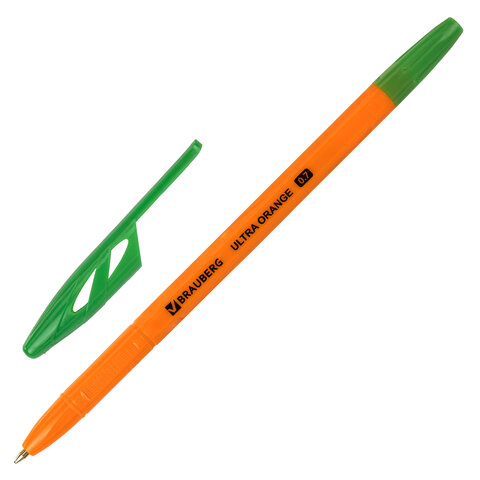 Ручка шариковая BRAUBERG 'ULTRA ORANGE', зеленая, узел 0,7 мм, 143565