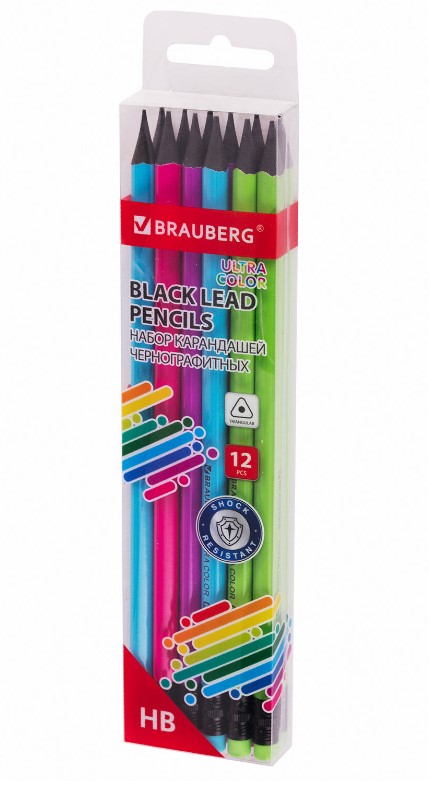 Набор карандашей чернографитных Brauberg 'Ultra color' 12 шт., HB, с ластиком, пластиковые, 181710